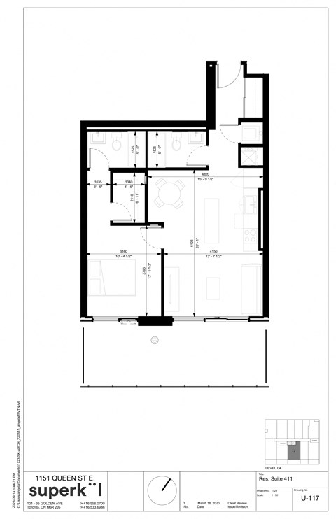 Floor plan for 1 bed, 2 baths, 771 sqft